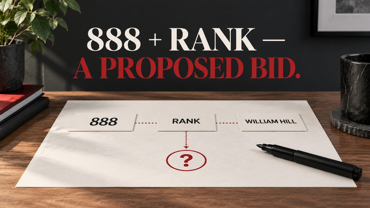AI-generated conceptual illustration by Casino Education. People, settings and objects are illustrative; this is not a photograph of the actual named subjects, venue or event. AI-generated conceptual illustration: An editorial strategy board connects 888, Rank and William Hill namecards with a question mark; not a genuine company document or evidence of a completed deal.