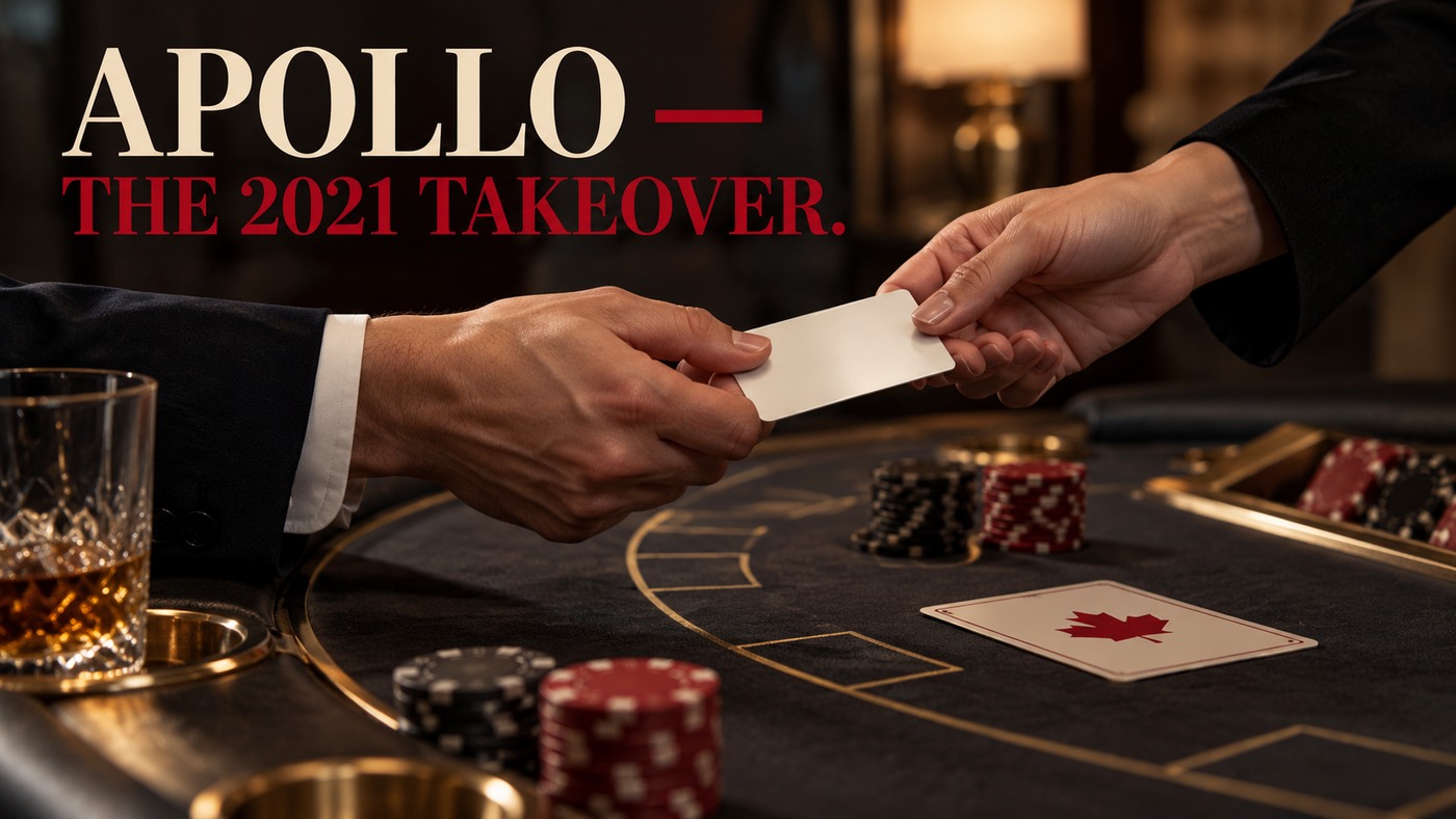 AI-generated conceptual illustration by Casino Education. People, settings and objects are illustrative; this is not a photograph of the actual named subjects, venue or event. AI-generated conceptual illustration: Anonymous adult hands exchange an unbranded keycard over a blackjack table with a maple-leaf accent; not the actual Apollo transaction, named executives or a Great Canadian venue.