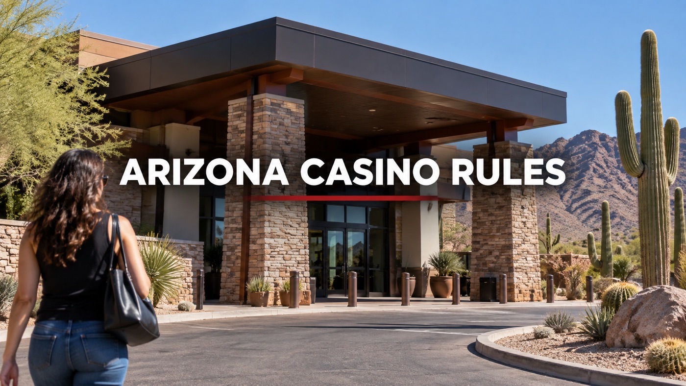 Conceptual editorial illustration: Unbranded casino entrance on Arizona desert outskirts, cactus and low mountains clearly visible, one adult visitor and no room interiors.