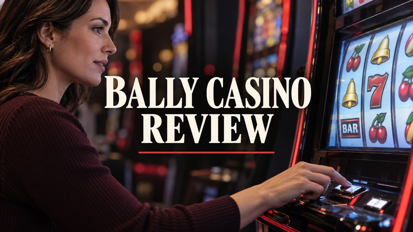 Conceptual editorial illustration: A single anonymous adult woman in her thirties playing an unbranded slot-machine screen, side profile and her hand in focus. Cool practical screen light with a natural warm overhead light. Restrained burgundy accents, no glamour portrait, no room furniture.
