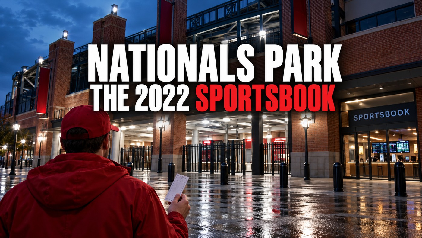 AI-generated conceptual illustration by Casino Education. People, settings and objects are illustrative; this is not a photograph of the actual named subjects, venue or event. Conceptual editorial illustration: One anonymous baseball fan outside a deliberately generic brick stadium entrance; not a verified photograph of Nationals Park.