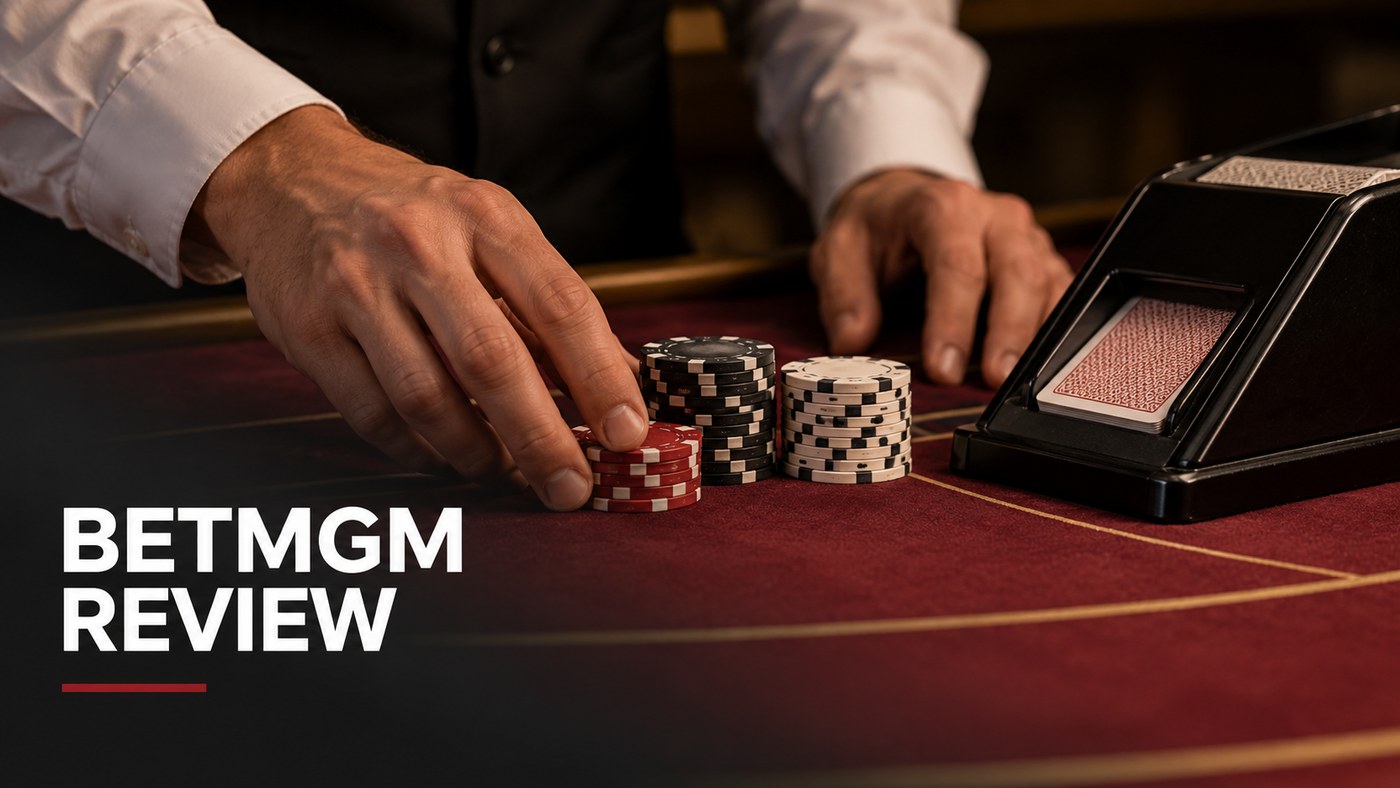 Conceptual editorial illustration: A single anonymous adult dealer's hands arranging plain chips beside a blackjack shoe on burgundy felt, warm practical table lighting, tight diagonal close-up. No casino furnishings as subject.