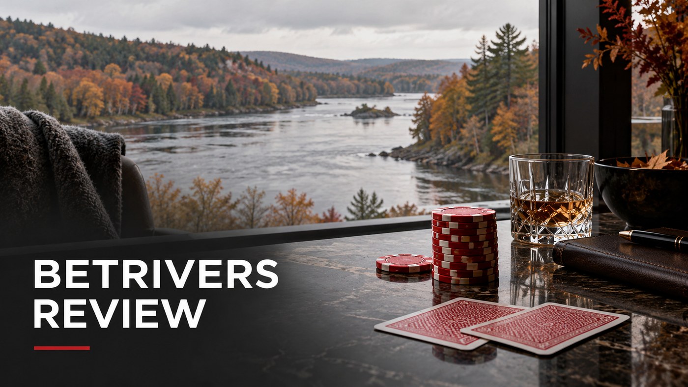 Conceptual editorial illustration: A flowing river reflected in glass with a clearly visible unbranded red casino chip stack and two face-down cards in foreground, no people, pale overcast autumn light, restrained editorial composition.