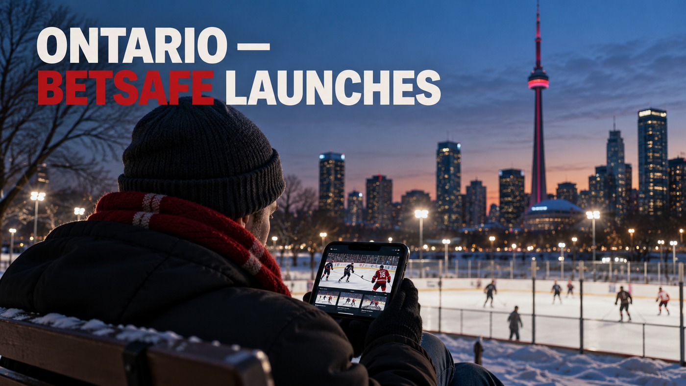 AI-generated conceptual illustration by Casino Education. People, settings and objects are illustrative; this is not a photograph of the actual named subjects, venue or event. AI-generated conceptual illustration: An anonymous adult commuter watches generic hockey highlights on a phone beside an outdoor rink; not an actual Betsafe interface, named customer or Ontario launch photograph.