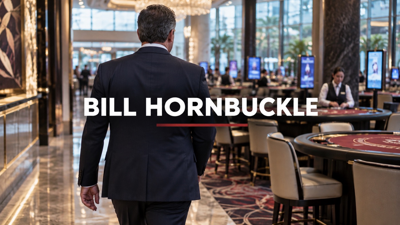 AI-generated conceptual illustration by Casino Education. People, setting and activity are illustrative; this is not a photograph of the actual named subjects or event. Conceptual editorial illustration: One anonymous adult resort executive from behind walking past blackjack tables on a casino floor, distant dealer merely blurred environmental context; not Bill Hornbuckle portrait.