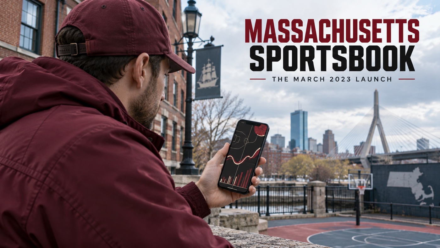 Conceptual editorial illustration: One anonymous adult sports fan with a generic phone near an illustrative Boston-style streetscape; no real account interface.