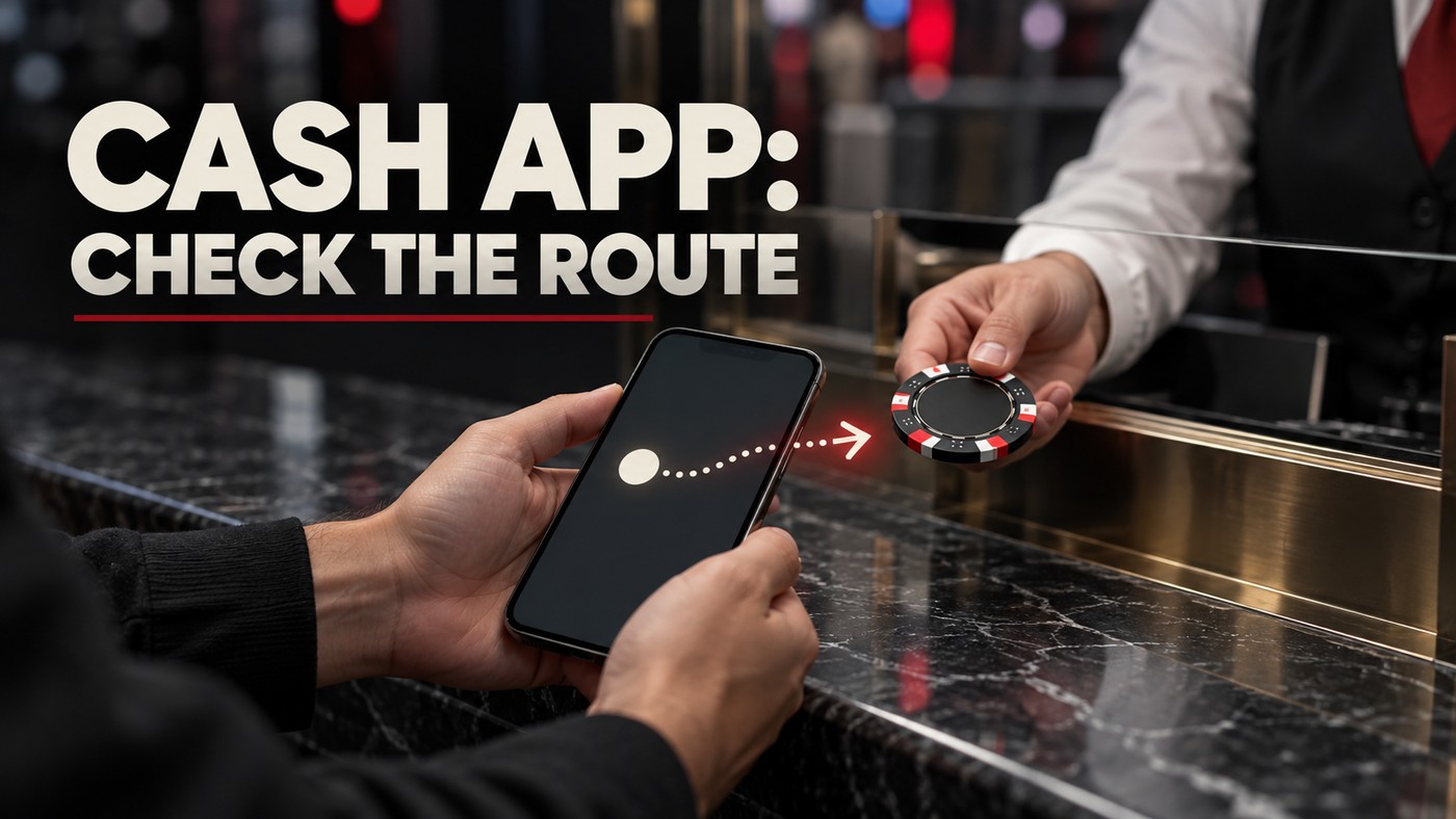 Conceptual illustration of anonymous hands holding a phone with a generic payment arrow beside a casino cashier; not a Cash App checkout screenshot.