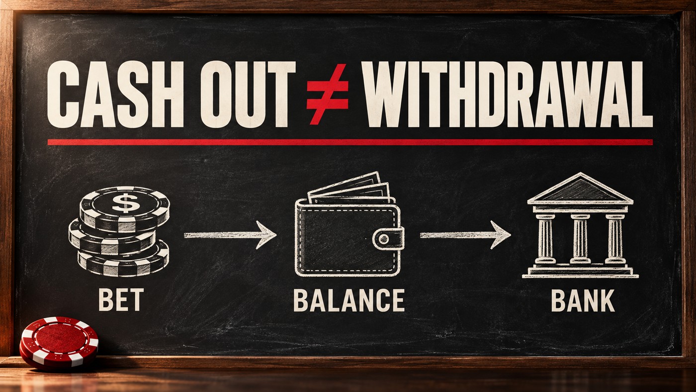 Conceptual illustration: a charcoal teaching board separates BET, BALANCE and BANK with arrows beneath the headline CASH OUT ≠ WITHDRAWAL; an illustrative red casino chip rests in front.