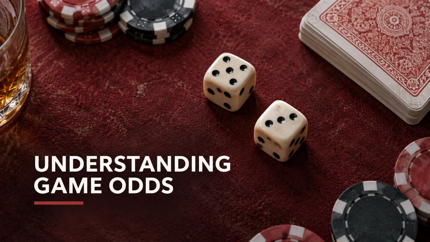 AI-generated conceptual illustration by Casino Education. People, setting and activity are illustrative; this is not a photograph of the actual named subjects or event. Conceptual editorial illustration: Top-down still life of two ivory dice, unbranded chips and a deck of cards on worn burgundy felt, mathematically neutral.