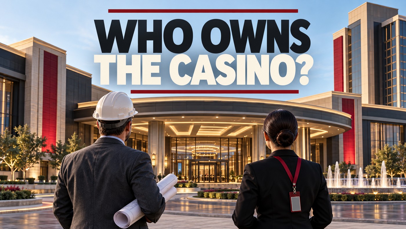 Conceptual illustration: two anonymous professionals, one holding rolled plans and wearing a hard hat, view a generic casino resort exterior beneath WHO OWNS THE CASINO? This is not an actual VICI property.