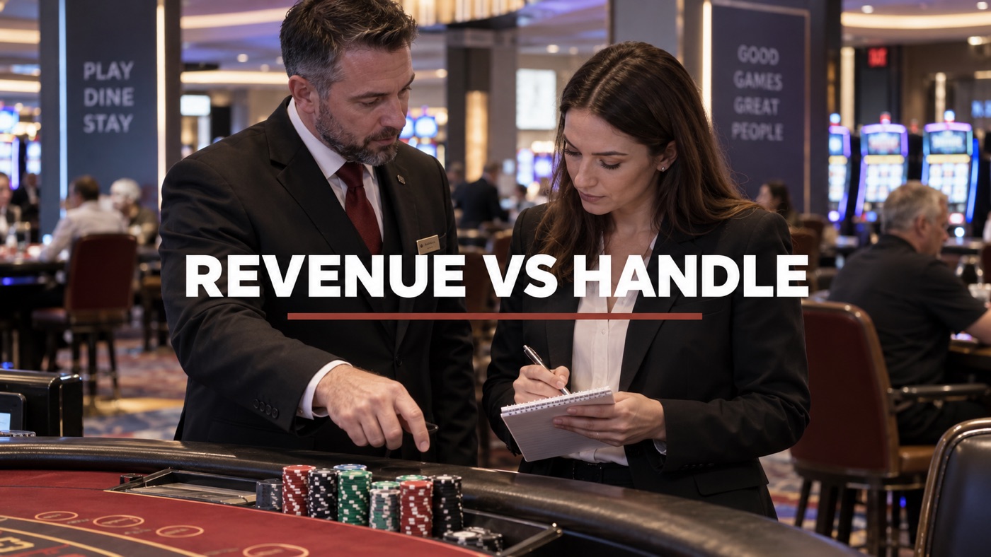 Conceptual editorial illustration: Adult casino floor manager and finance analyst discussing the count at the edge of an active gaming floor, small tally sheet illegible and chips clearly visible, candid interaction.
