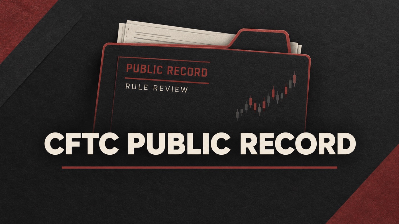 Conceptual editorial illustration: Bold editorial charcoal paper graphic with a red-outlined folder silhouette and exact words 'PUBLIC RECORD' and 'RULE REVIEW', a very small abstract market graph motif without figures; no official seal.