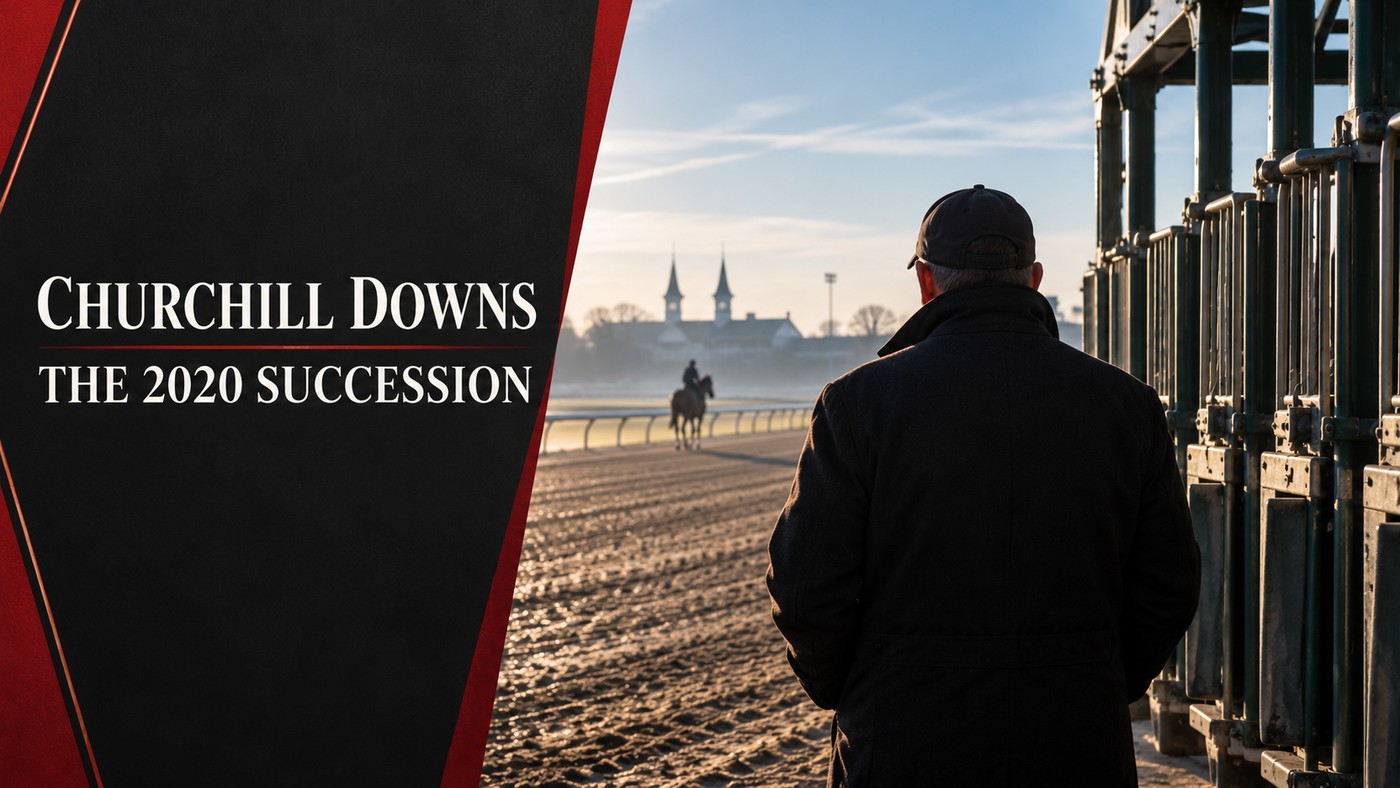 AI-generated conceptual illustration by Casino Education. People, settings and objects are illustrative; this is not a photograph of the actual named subjects, venue or event. Conceptual illustration of one anonymous racecourse official viewed from behind beside a starting gate; not Mike Anderson or a photograph of the actual 2020 appointment.