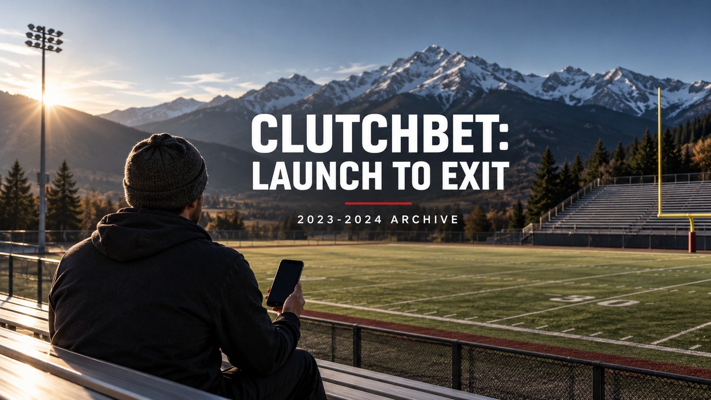 Conceptual editorial illustration: Colorado-like outdoor sports field with mountain horizon, one anonymous adult spectator seen from behind holding a blank-screen phone, football goalpost and bleachers geometric framing, no logo, invented gambling app or fabricated odds, no crowd