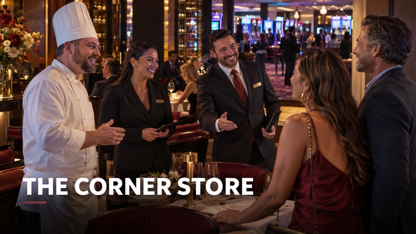 AI-generated conceptual illustration by Casino Education. People, setting and activity are illustrative; this is not a photograph of the actual named subjects or event. Conceptual editorial illustration: A chef in whites and two smartly dressed adult hosts welcoming an adult couple at an upscale casino resort restaurant, a small slice of gaming floor visible behind them, lively genuine hospitality moment, no readable venue sign.
