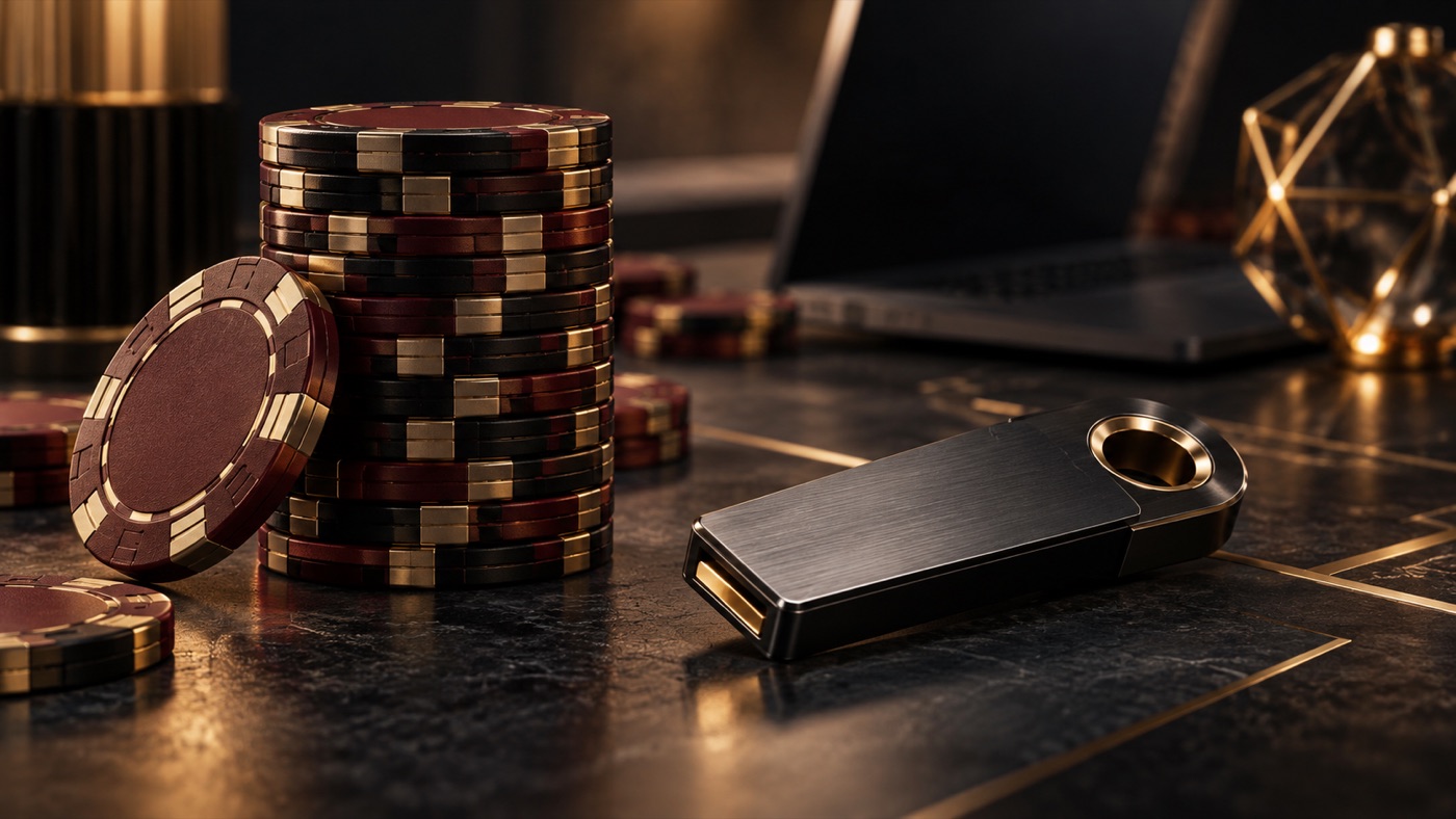 Conceptual unbranded hardware key and red and black casino chips on a dark table.