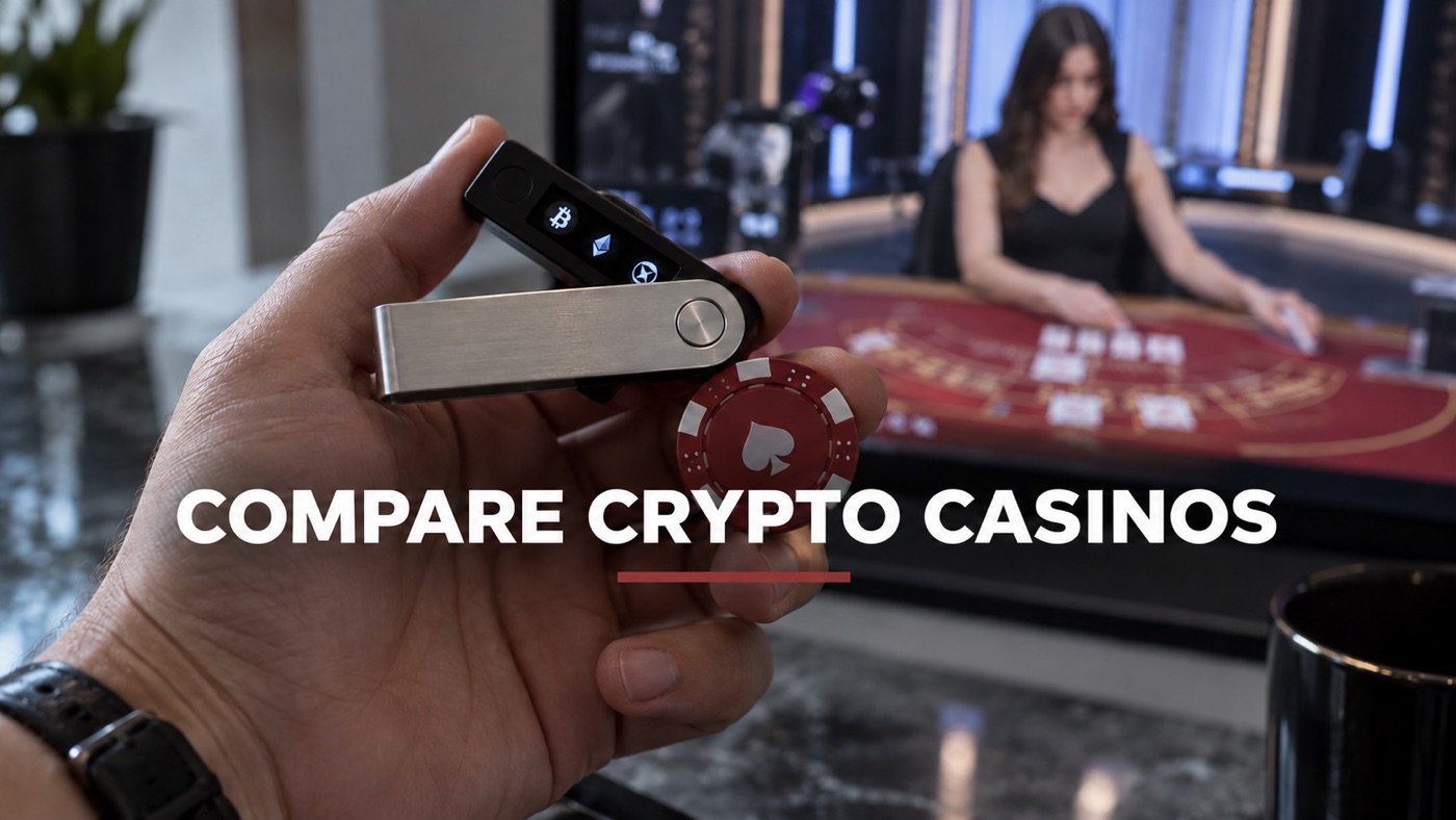 Conceptual editorial illustration: Macro actual-looking hardware wallet and red chip in adult hand, out-of-focus unbranded live casino studio screen in background.