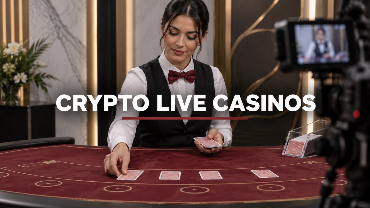 Conceptual editorial illustration: Single professional anonymous adult live casino dealer dealing face-down cards on a burgundy studio table, camera visible at one edge, no crowd or replicated game brand.