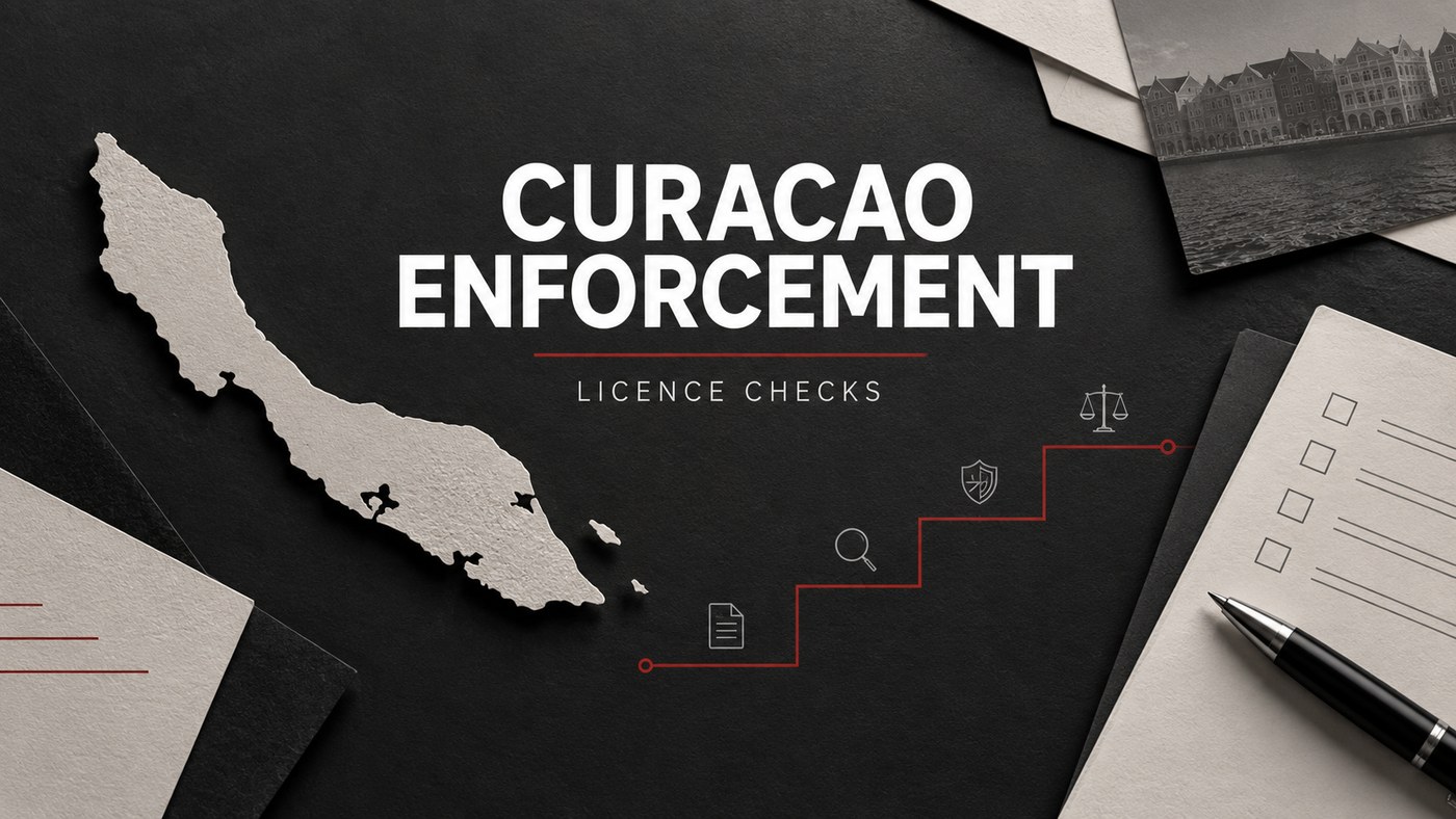 Conceptual editorial illustration: Restrained editorial graphic: layered charcoal and ivory paper, thin red stepped enforcement diagram with no invented figures, exact secondary label LICENCE CHECKS, no official crest, stamp or seal, no people