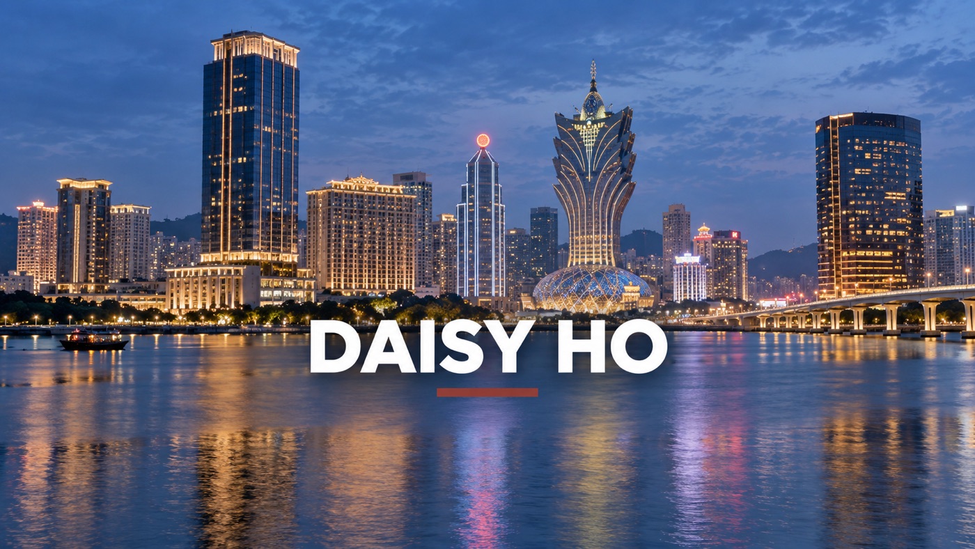 AI-generated conceptual illustration by Casino Education. People, setting and activity are illustrative; this is not a photograph of the actual named subjects or event. Conceptual editorial illustration: Wide Macau-style casino district skyline over water, lights just turning on, no people or identifiable copied actual venue details, casino industry landscape rather than room furnishings.