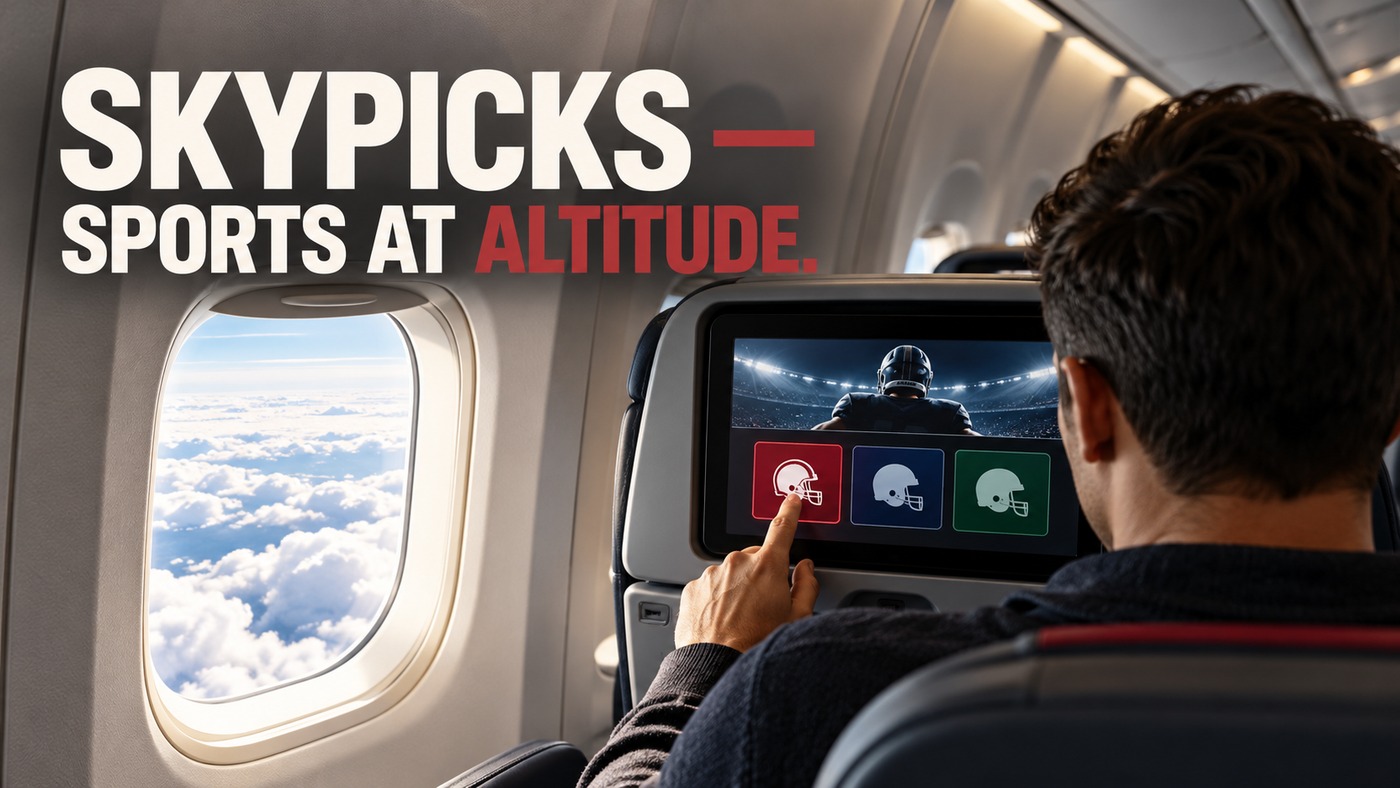 AI-generated conceptual illustration by Casino Education. People, settings and objects are illustrative; this is not a photograph of the actual named subjects, venue or event. AI-generated conceptual illustration: An anonymous adult airline passenger views fictional football prediction choices on a generic seatback screen; not an actual Delta cabin, SkyPicks screen or passenger photograph.