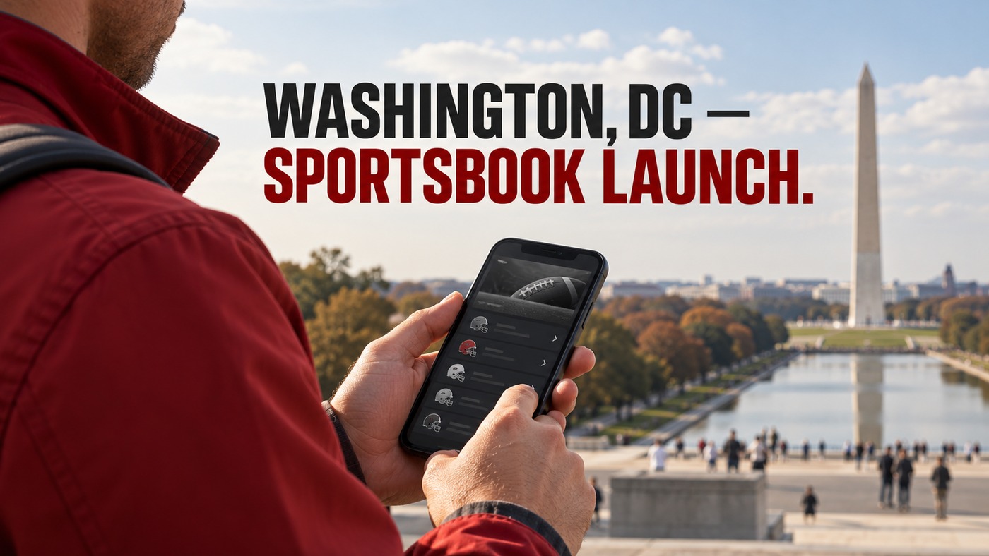 AI-generated conceptual illustration by Casino Education. People, settings and objects are illustrative; this is not a photograph of the actual named subjects, venue or event. AI-generated conceptual illustration: An anonymous adult commuter checks a generic sports menu on a phone against a Washington-inspired backdrop; not a DraftKings interface, actual customer or launch photograph.
