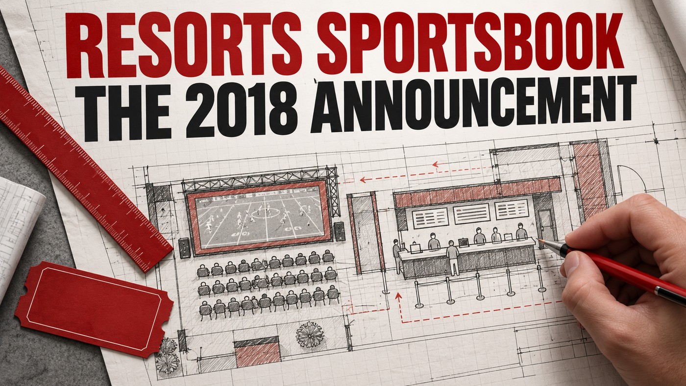 AI-generated conceptual illustration by Casino Education. People, settings and objects are illustrative; this is not a photograph of the actual named subjects, venue or event. Conceptual sketch of a retail sportsbook with a sports screen and service counter; not a genuine Resorts floorplan.
