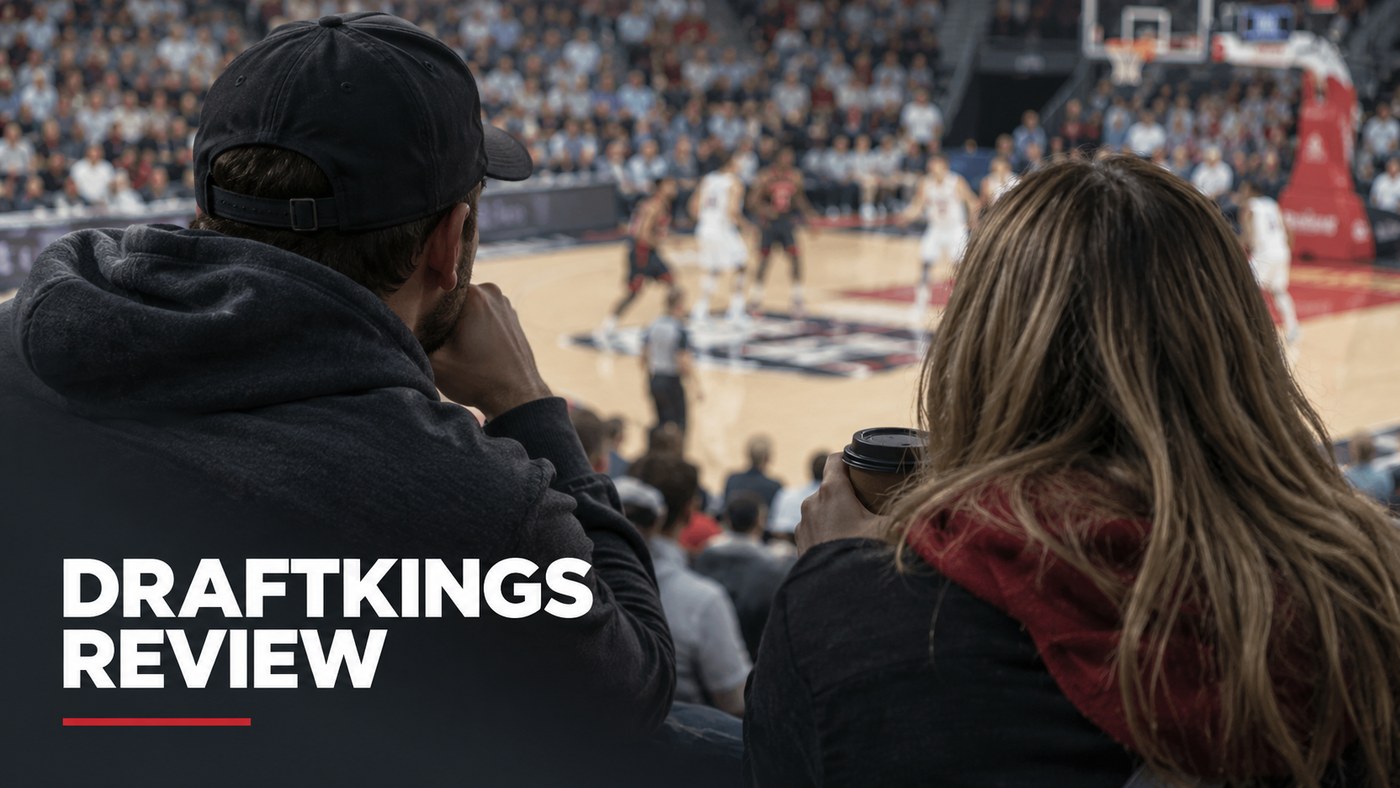 Conceptual editorial illustration: Two anonymous adult basketball spectators seen from behind at the edge of a modest US arena, actual court action softly blurred beyond, cool daylight, off-center documentary frame.
