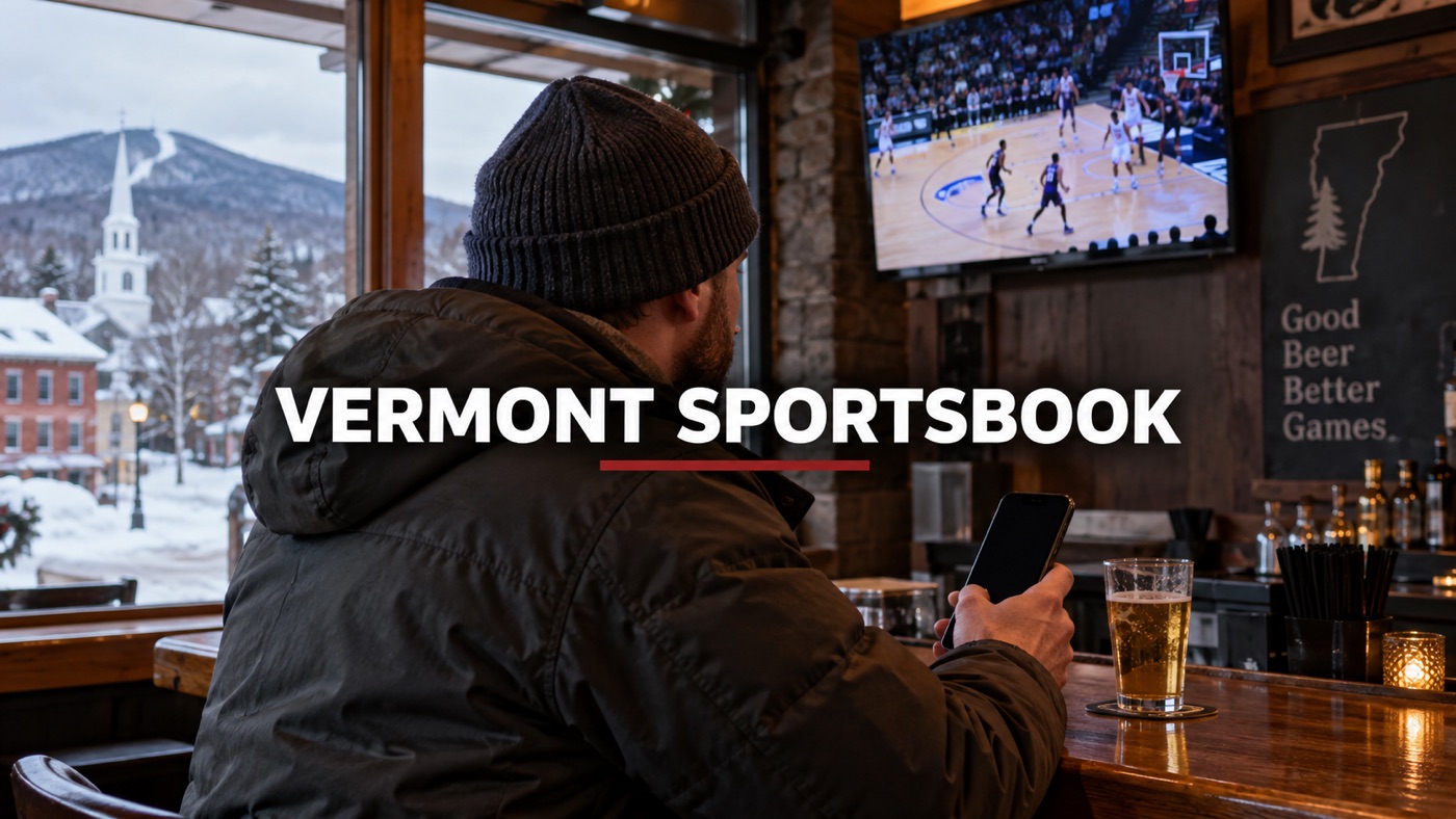 AI-generated conceptual illustration by Casino Education. People, setting and activity are illustrative; this is not a photograph of the actual named subjects or event. Conceptual editorial illustration: One anonymous adult sports fan in winter jacket checking a blank-screen phone beside a televised basketball game in Vermont, snowy street visible through window, no crowds.