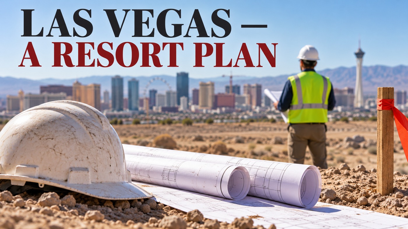 AI-generated conceptual illustration by Casino Education. People, settings and objects are illustrative; this is not a photograph of the actual named subjects, venue or event. AI-generated conceptual illustration: A hardhat, rolled plans and survey stake with an anonymous construction planner in a desert setting; not the actual Dream Las Vegas site, design or groundbreaking.