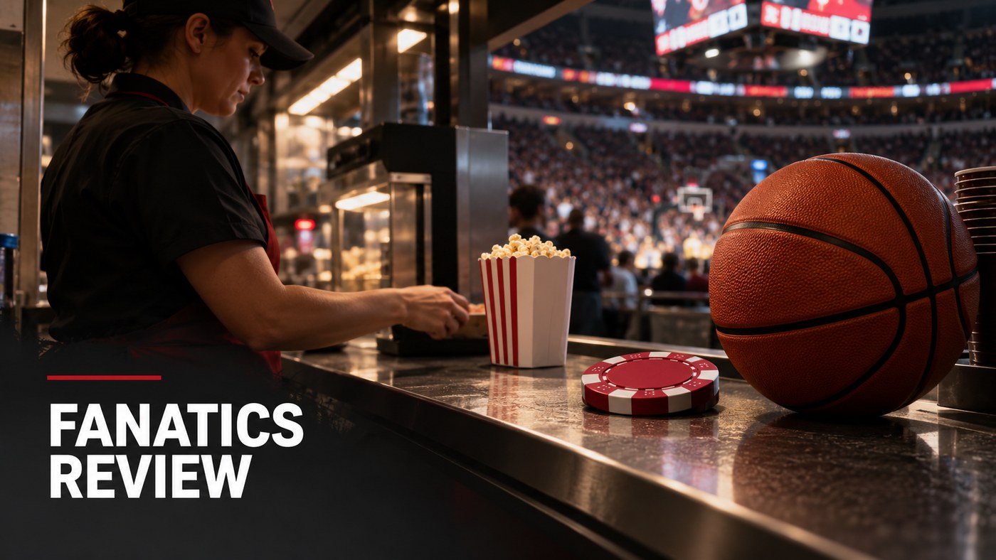 Conceptual editorial illustration: An anonymous adult stadium concession attendant from the side, a red casino chip and basketball on a service counter anchor sports-and-casino subject, evening stadium practical light, natural textures, only one person.