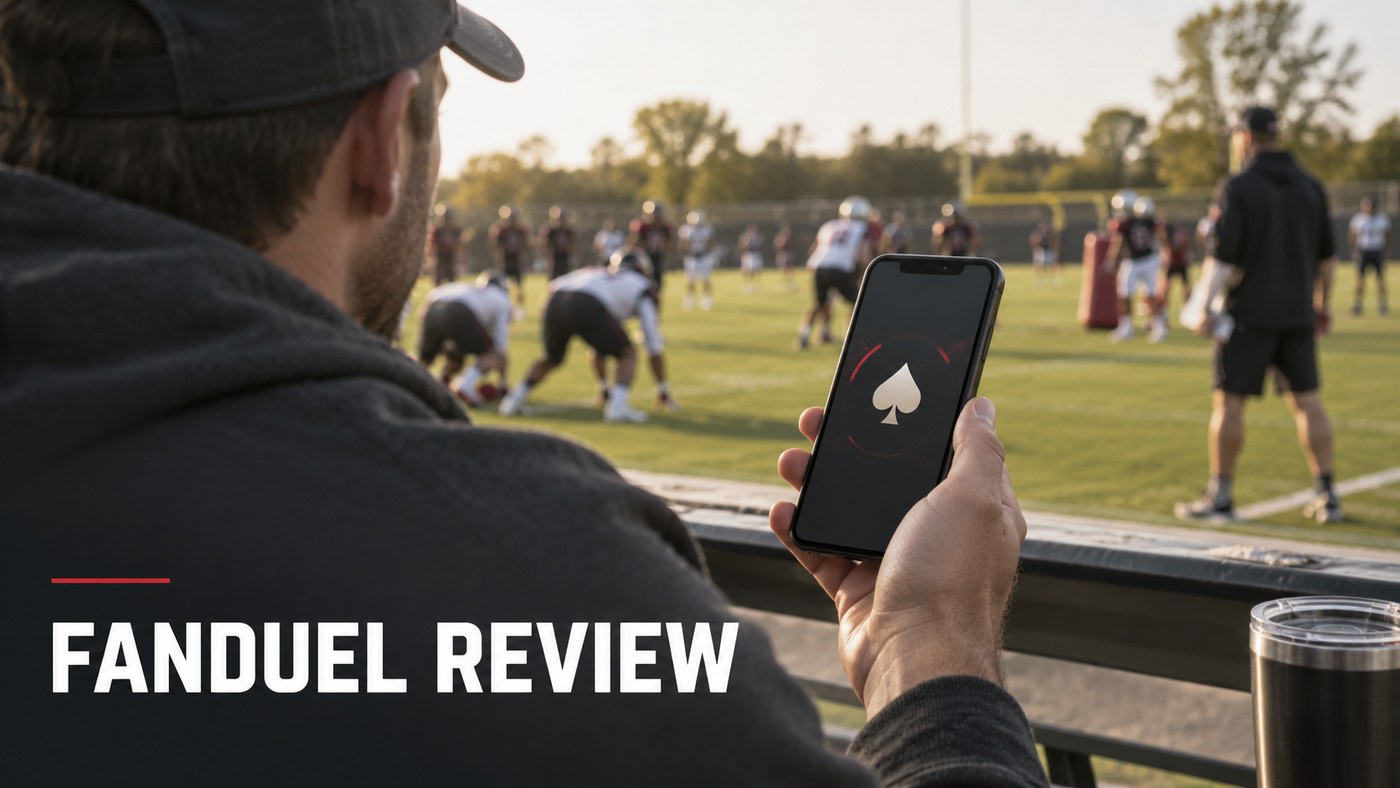 Conceptual editorial illustration: One anonymous adult holding an unbranded phone with an abstract casino card symbol, watching a real American football practice field, late afternoon neutral sun, natural candid shoulder-level angle.