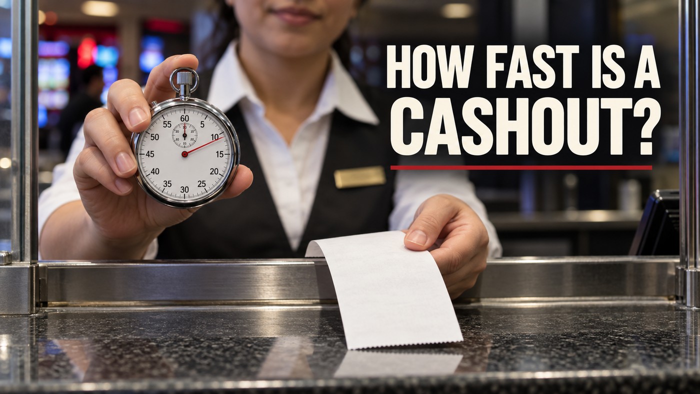 Conceptual illustration of an anonymous casino cashier holding a stopwatch and plain receipt; not a measured withdrawal test.