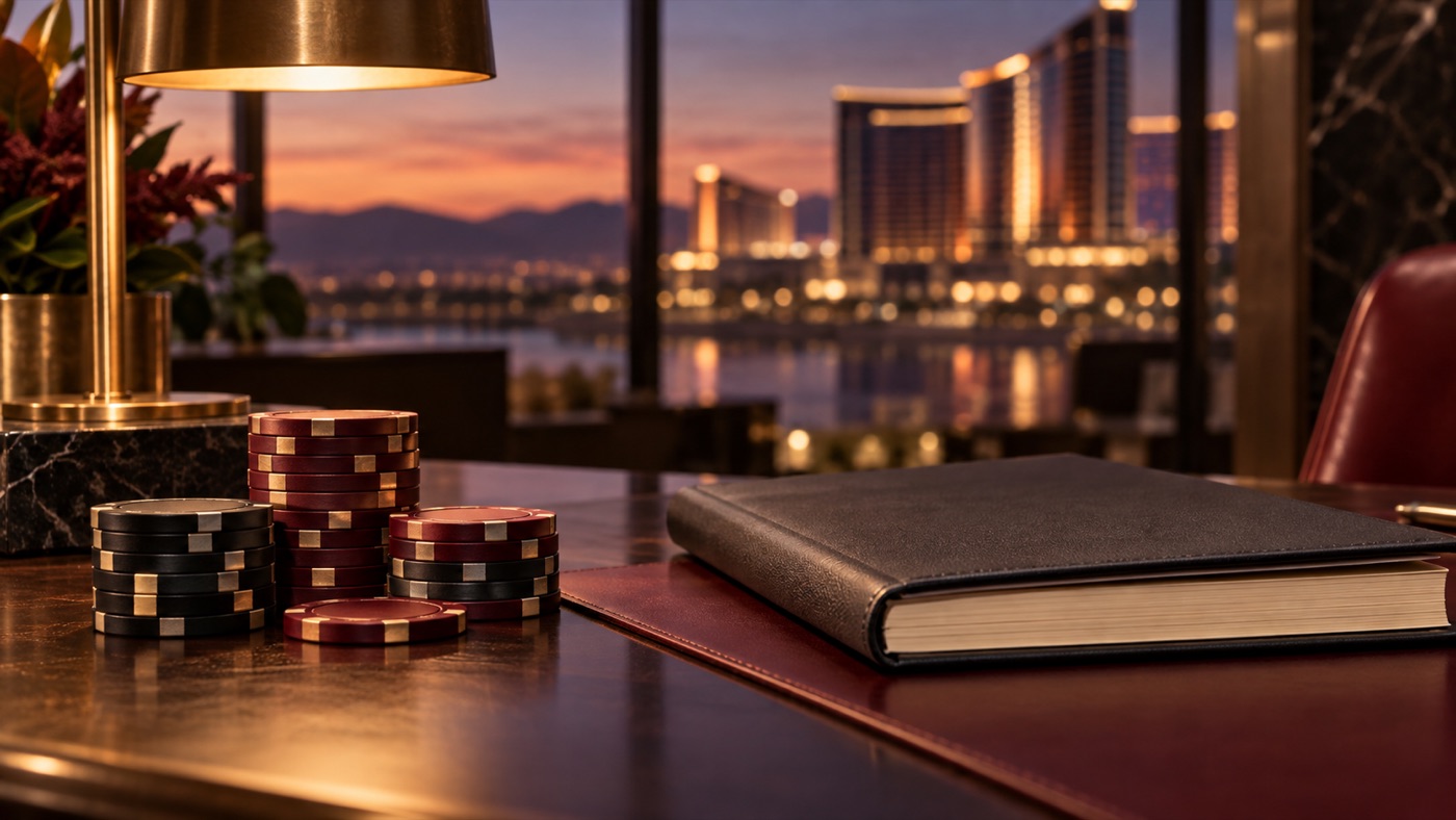 Conceptual casino finance desk with unbranded chips, a closed notebook and a brass lamp.