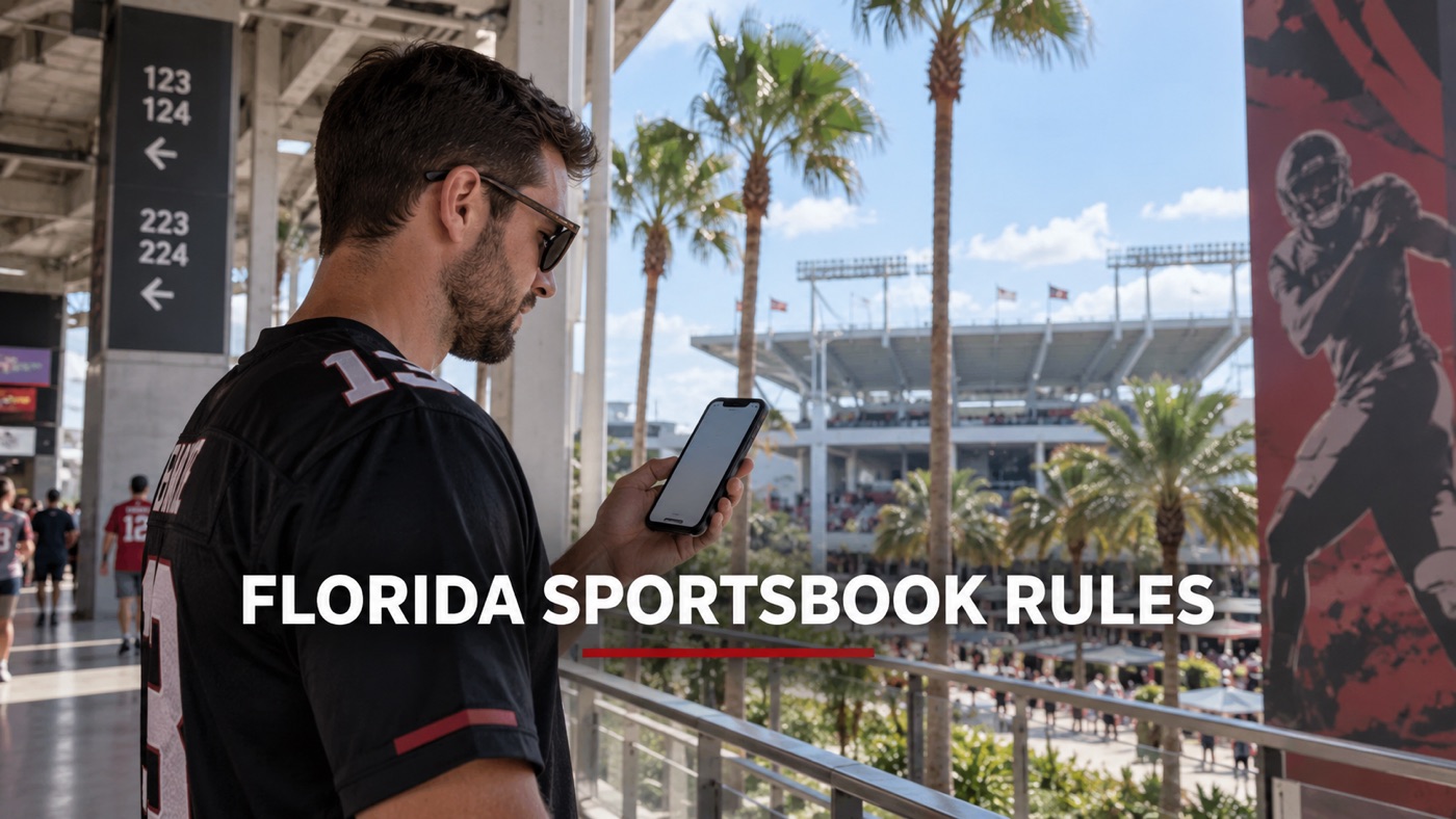 Conceptual editorial illustration: A single adult sports fan in profile checking a blank-screen phone on a stadium concourse with palms and sunlit Florida sky beyond, no operator logos.