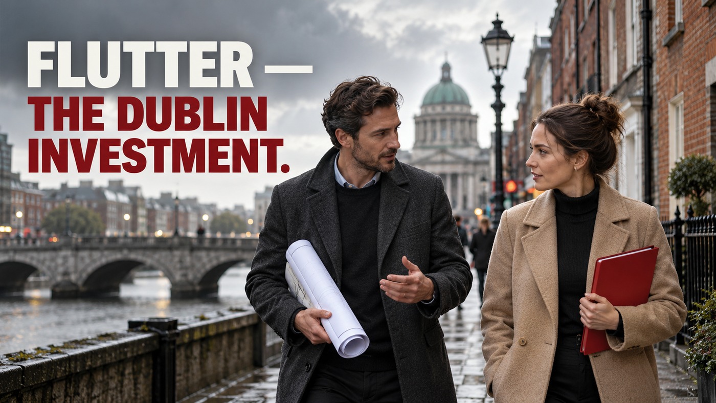 AI-generated conceptual illustration by Casino Education. People, settings and objects are illustrative; this is not a photograph of the actual named subjects, venue or event. AI-generated conceptual illustration: Two anonymous adult colleagues carry plans along a generic Dublin-inspired brick streetscape; not actual Flutter employees or its headquarters.