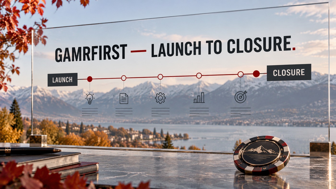 AI-generated conceptual illustration by Casino Education. People, settings and objects are illustrative; this is not a photograph of the actual named subjects, venue or event. AI-generated conceptual illustration: A conceptual launch-to-closure timeline stands before a lake-and-mountain backdrop with an unbranded casino token; not an actual GAMRFIRST interface or Montreux venue photograph.