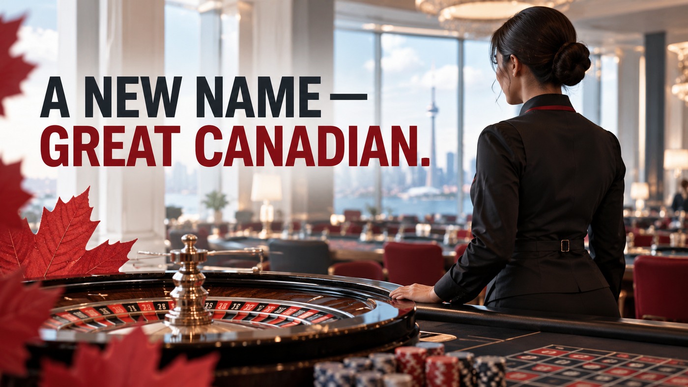 AI-generated conceptual illustration by Casino Education. People, settings and objects are illustrative; this is not a photograph of the actual named subjects, venue or event. AI-generated conceptual illustration: An anonymous adult casino host stands near an unbranded roulette table with a maple-leaf motif; not actual Great Canadian staff, a venue or a rebranding-event photograph.