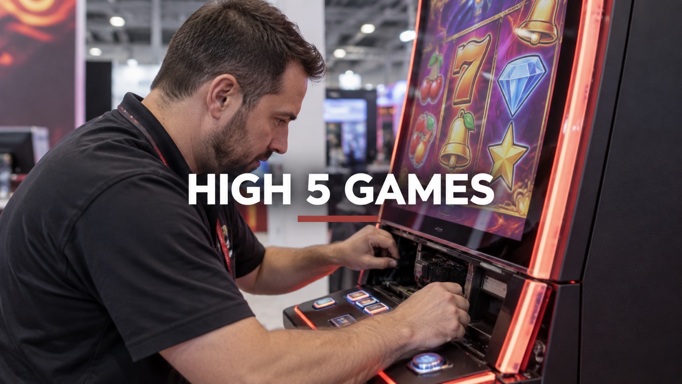 Conceptual editorial illustration: Close unbranded colorful slot game cabinet in an exhibition hall with one anonymous adult technician adjusting the control panel, only one visible foreground person.