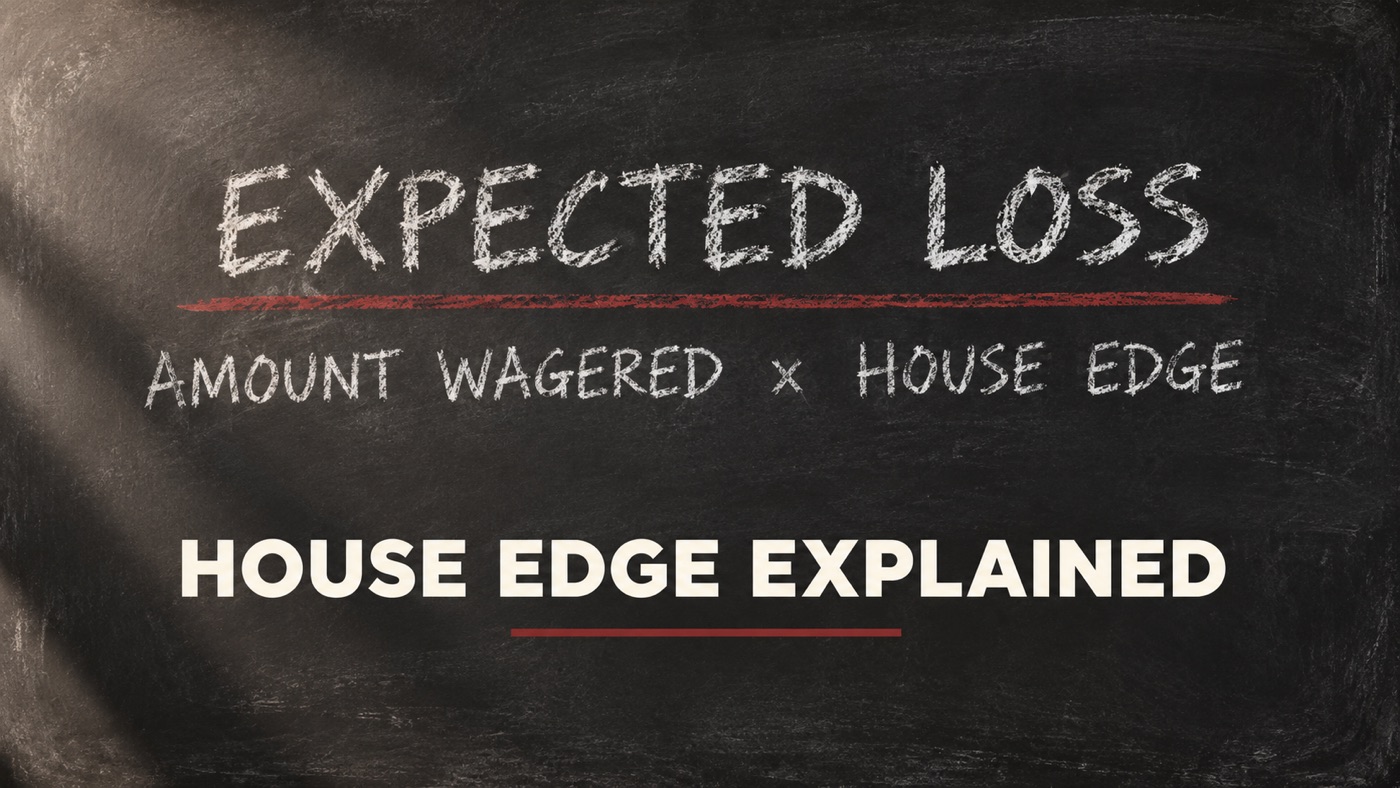 AI-generated conceptual illustration by Casino Education. People, setting and activity are illustrative; this is not a photograph of the actual named subjects or event. Conceptual editorial illustration: A charcoal blackboard showing clear exact equation 'EXPECTED LOSS' and underneath 'AMOUNT WAGERED x HOUSE EDGE', subtle red underline, just the board and chalk texture.