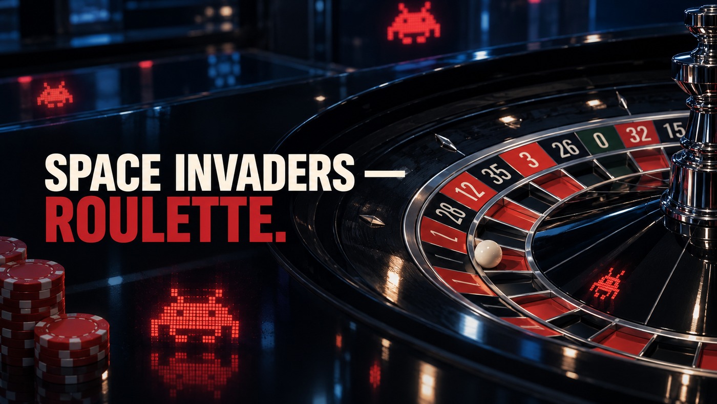 AI-generated conceptual illustration by Casino Education. People, settings and objects are illustrative; this is not a photograph of the actual named subjects, venue or event. AI-generated conceptual illustration: An unbranded roulette wheel and original pixel-shaped light motifs suggest an arcade-game theme; not an actual Inspired game screen, licensed artwork or product photograph.