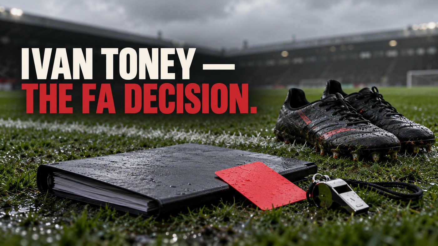 AI-generated conceptual illustration by Casino Education. People, settings and objects are illustrative; this is not a photograph of the actual named subjects, venue or event. AI-generated conceptual illustration: Football boots, a whistle and a plain closed folder rest beside a pitch; not Ivan Toney, his belongings or an authentic FA disciplinary document.