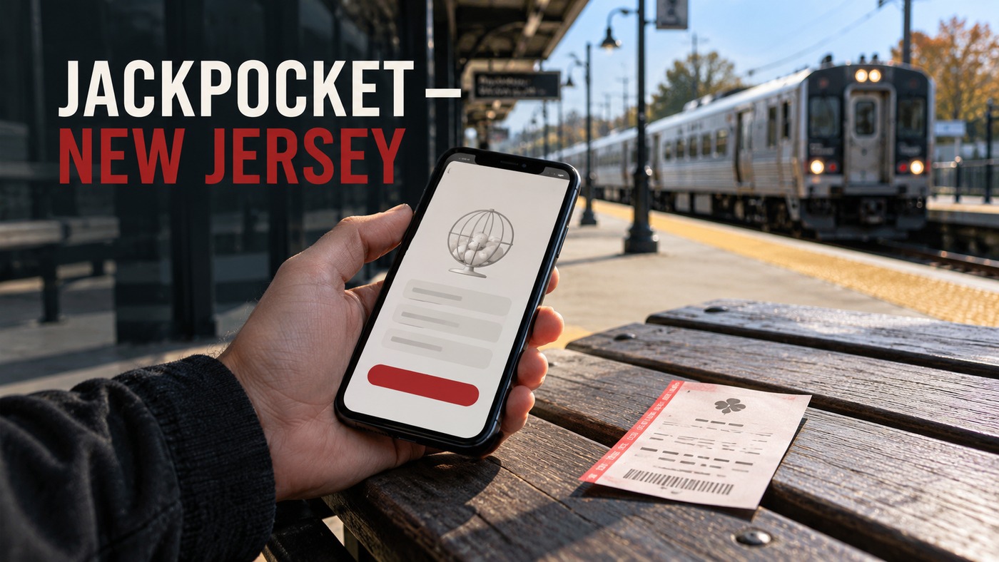 AI-generated conceptual illustration by Casino Education. People, settings and objects are illustrative; this is not a photograph of the actual named subjects, venue or event. AI-generated conceptual illustration: An anonymous adult hand holds a phone with a fictional lottery interface beside a numberless paper ticket at a generic rail platform; not an actual Jackpocket app or New Jersey launch photograph.