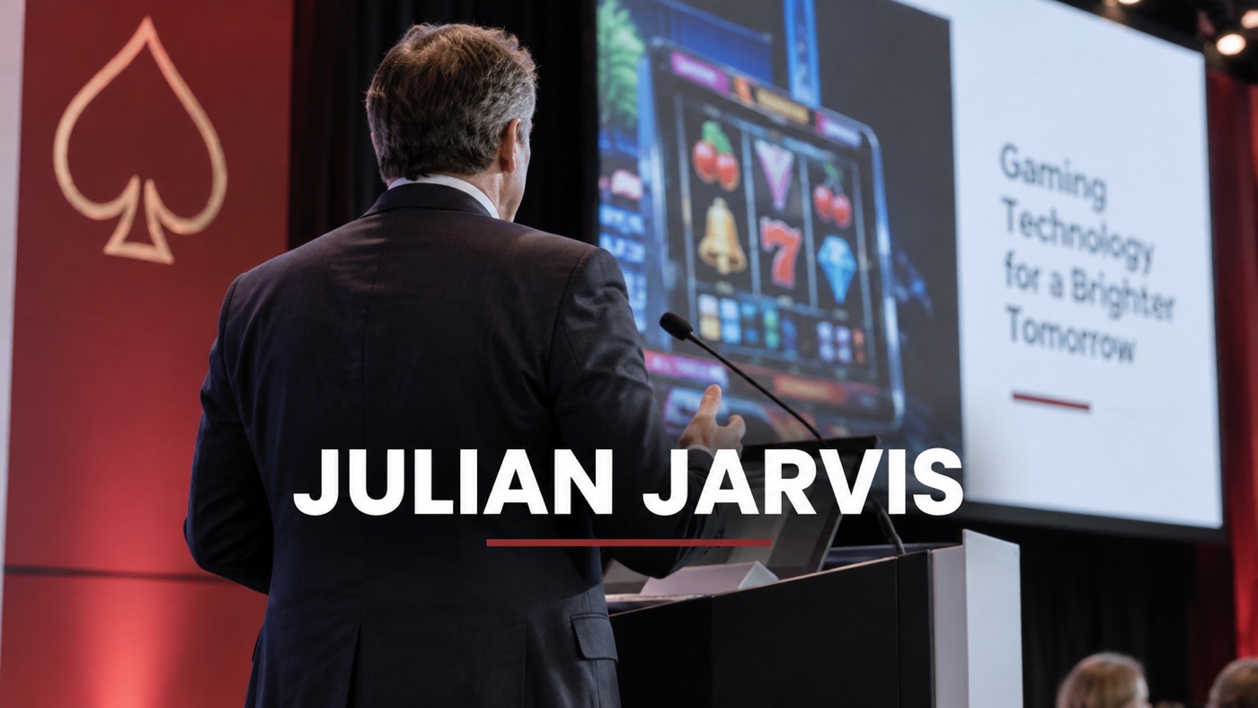 AI-generated conceptual illustration by Casino Education. People, setting and activity are illustrative; this is not a photograph of the actual named subjects or event. Conceptual editorial illustration: Single anonymous adult speaker seen from behind at a gaming technology conference lectern, small blurred game demo display, no invented portrait of Julian Jarvis.