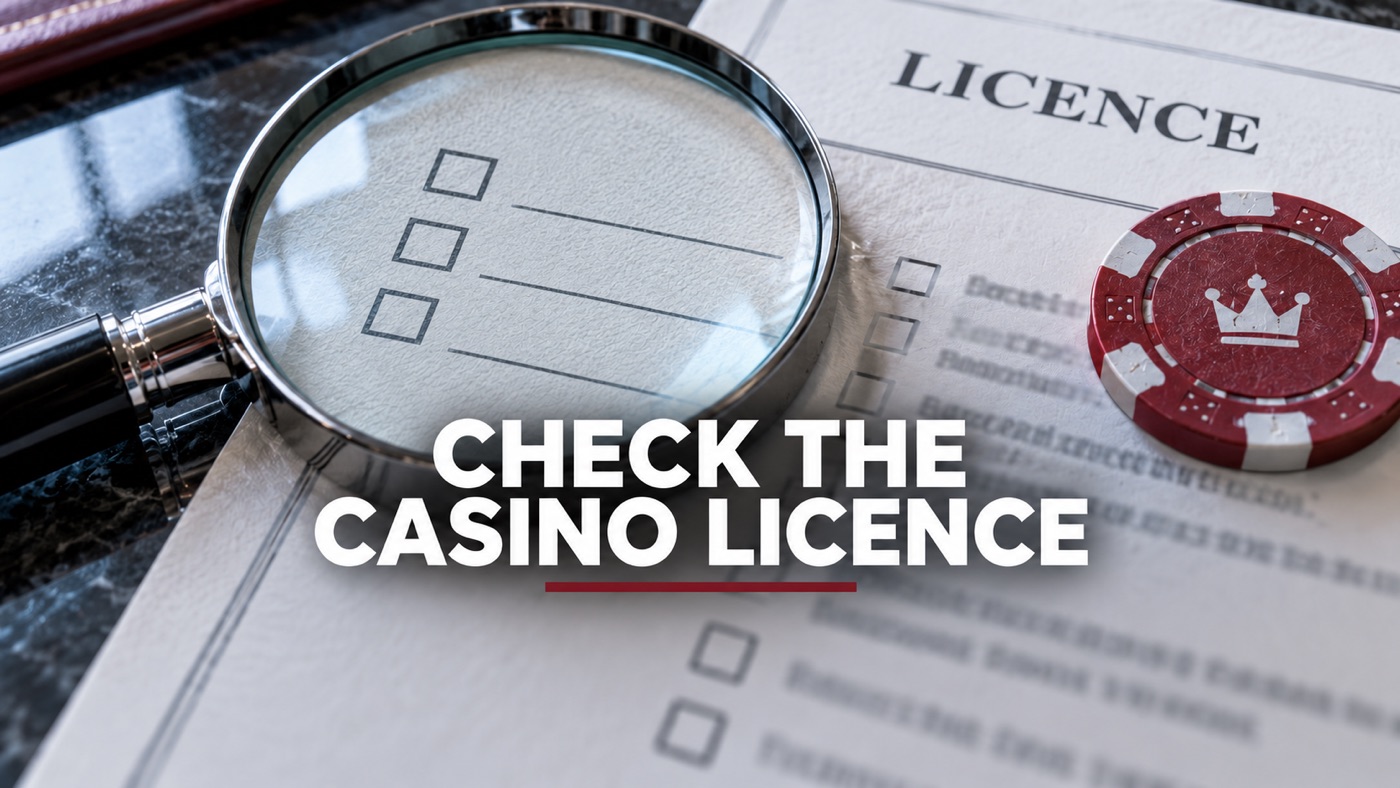 Conceptual editorial illustration: Extreme close-up of a magnifying glass, a casino chip and a paper licence-check checklist with abstract unreadable text; meaningful security still life, no room furniture.