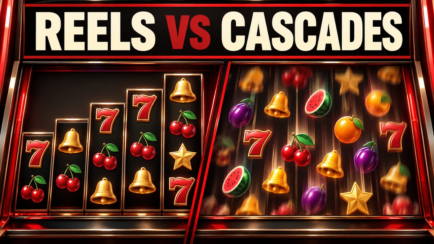 Conceptual illustration: an unbranded slot display contrasts variable-height symbol columns with falling symbols beneath REELS VS CASCADES; it is not a screenshot or a documented game result.