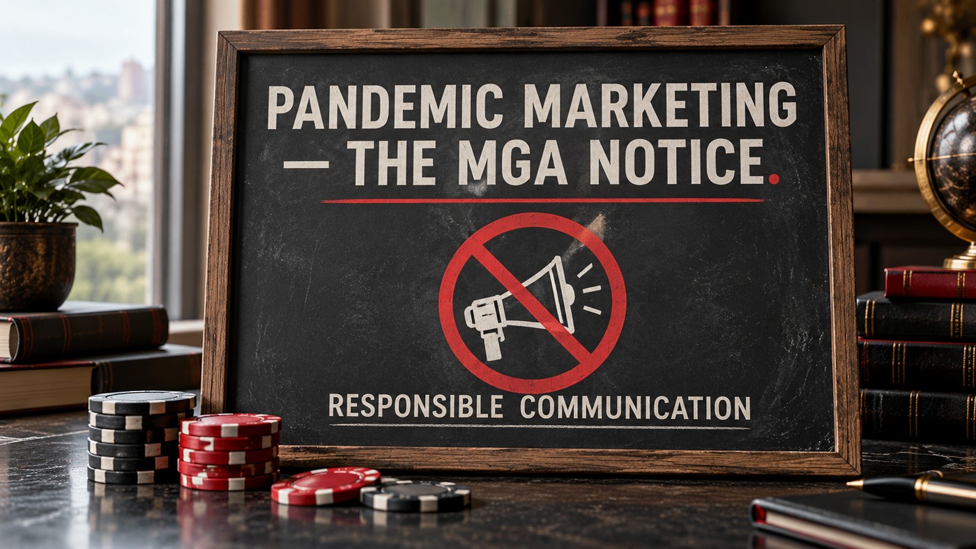 AI-generated conceptual illustration by Casino Education. People, settings and objects are illustrative; this is not a photograph of the actual named subjects, venue or event. AI-generated conceptual illustration: A teaching board presents responsible-communication lettering and a crossed promotional symbol above unbranded casino chips; not an actual MGA notice, seal or public-health advisory.