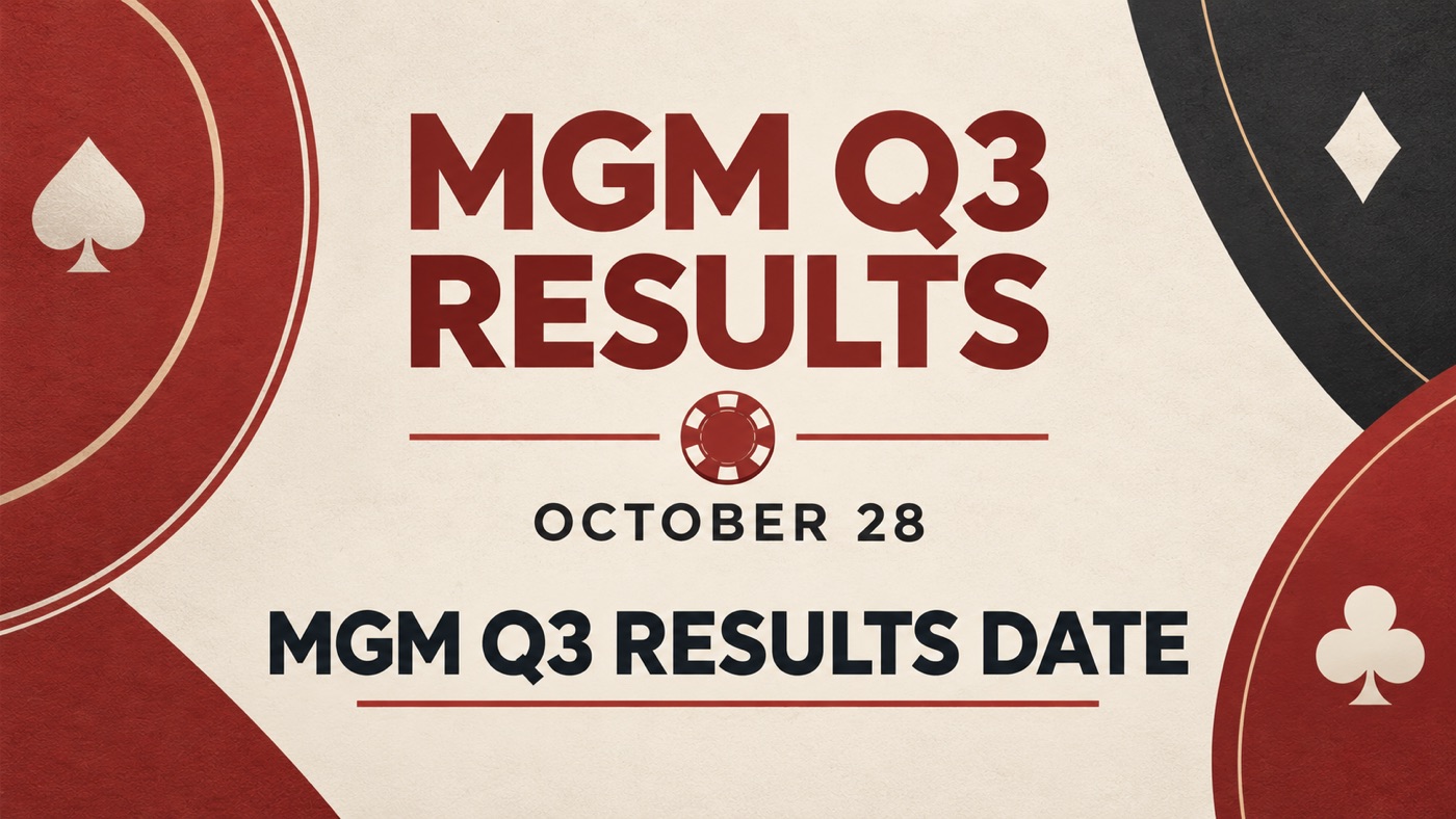 AI-generated conceptual illustration by Casino Education. People, setting and activity are illustrative; this is not a photograph of the actual named subjects or event. Conceptual editorial illustration: A restrained red and ivory editorial announcement graphic with exact central text 'MGM Q3 RESULTS' and beneath it 'OCTOBER 28', tiny abstract casino chip silhouette, no company logo, no fake earnings numbers.