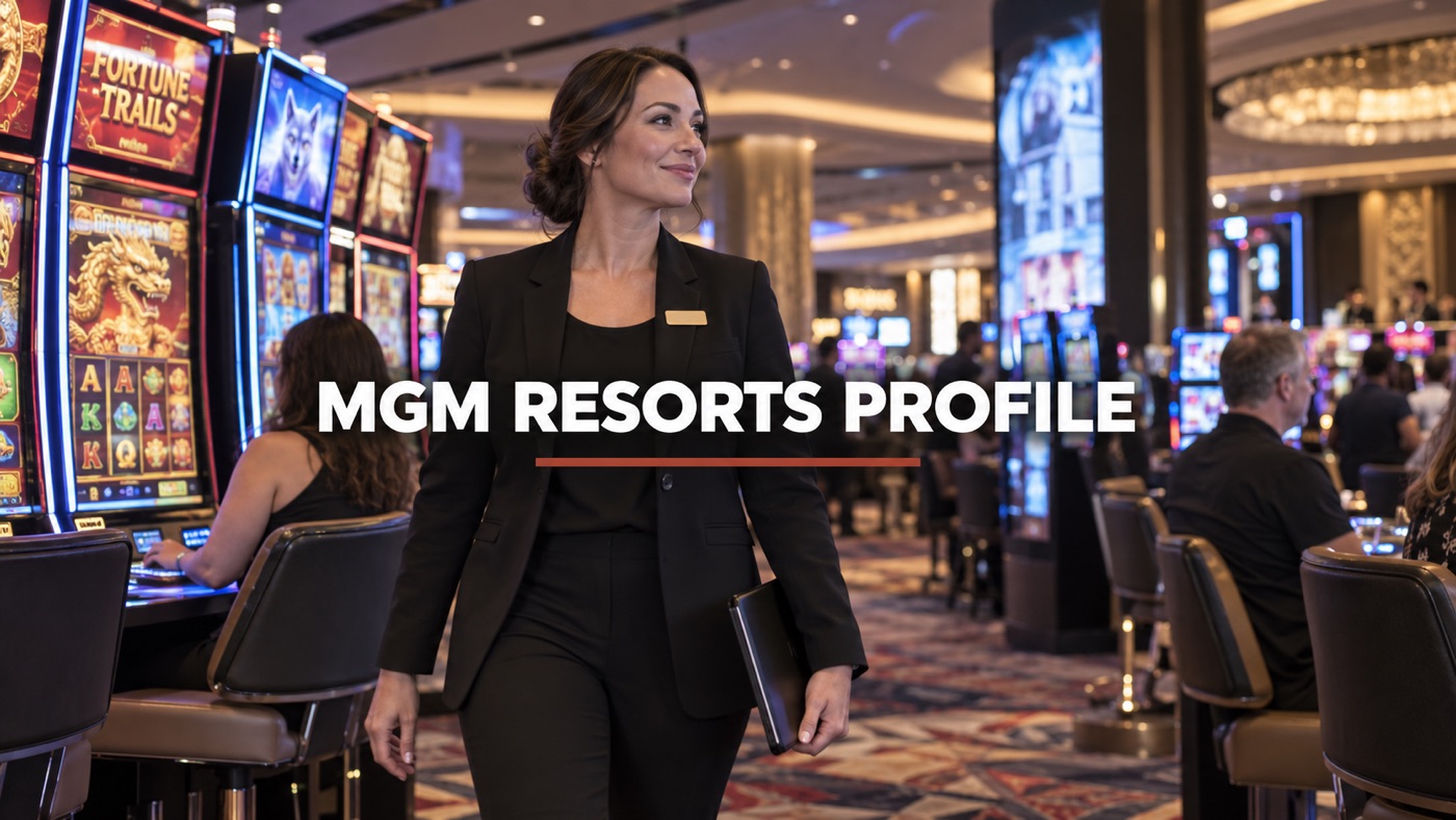 Conceptual editorial illustration: Lively generic casino gaming floor framed around a single professional host walking past slot machines; distant figures blurred, not a replicated real MGM venue.
