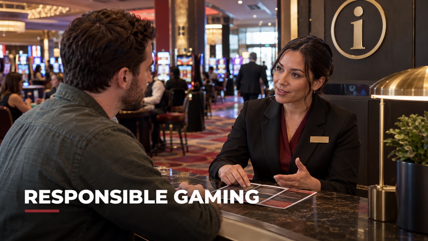 AI-generated conceptual illustration by Casino Education. People, setting and activity are illustrative; this is not a photograph of the actual named subjects or event. Conceptual editorial illustration: An adult casino player speaking calmly with an anonymous casino support employee at a discreet information point beside a visible gaming floor, human eye contact, no staged distress or winning claims.